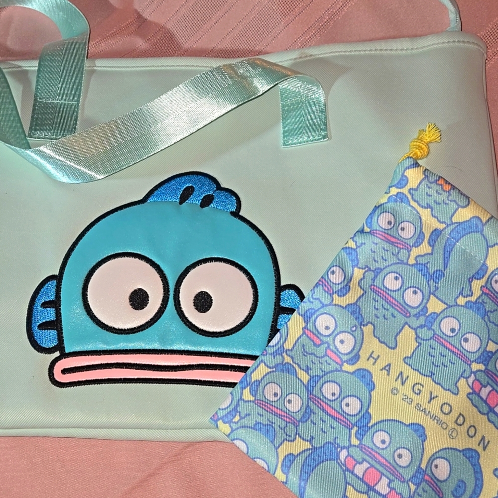 Hangyodon Blue/Green Fish Tote Bag w/ Draw String Pouch